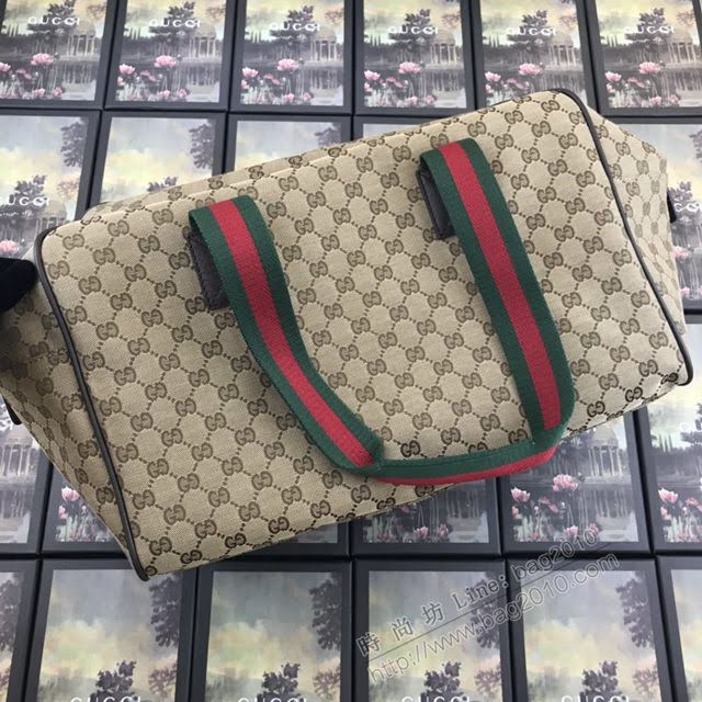 Gucci包 古馳2020新款 火爆款布配皮專櫃同款旅行袋 Gucci手提包 153240啡色  gdj1046